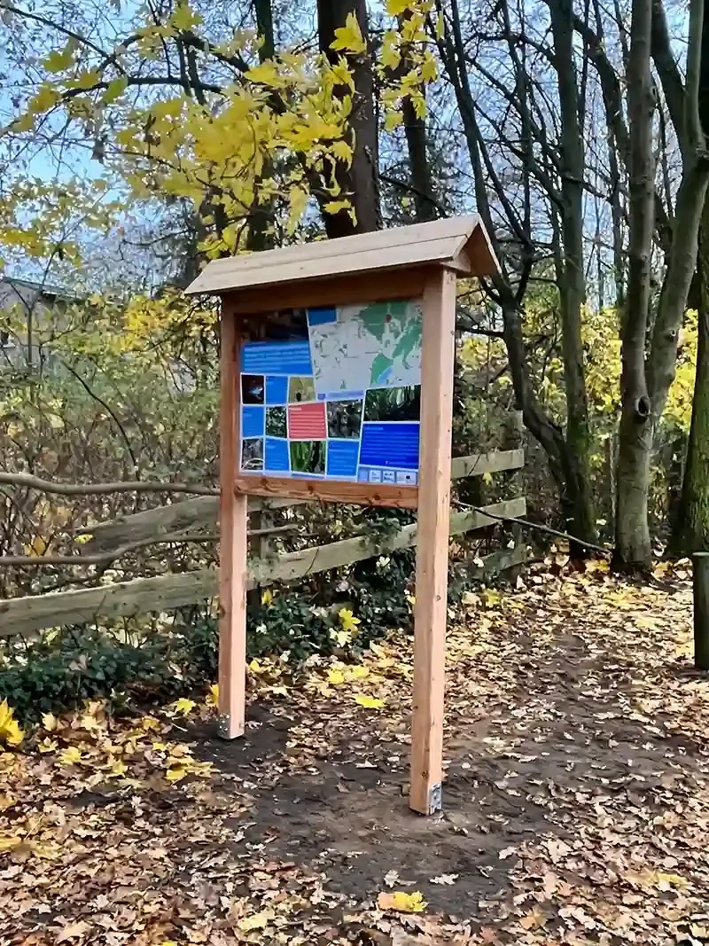 Freistehende NABU-Infotafel aus Holz mit kleinem Dach an einem Waldweg im Herbst.