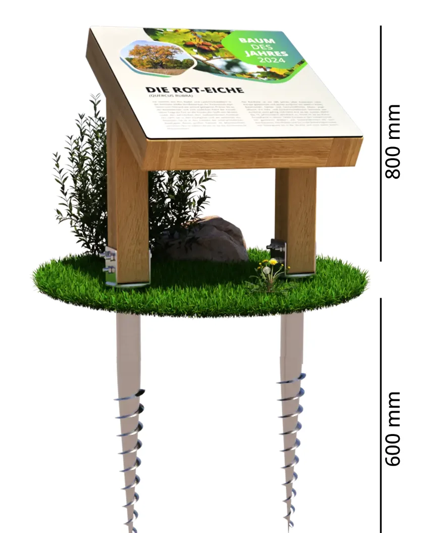 Maßskizze des Zweibein-Pultaufstellers mit Schraubhülse, 600 mm Tafel