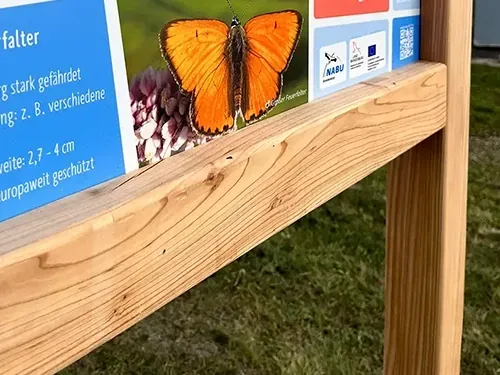 Nahaufnahme der Lärchenholz-Querstrebe unter einer bedruckten Infotafel mit Schmetterlingsmotiv.