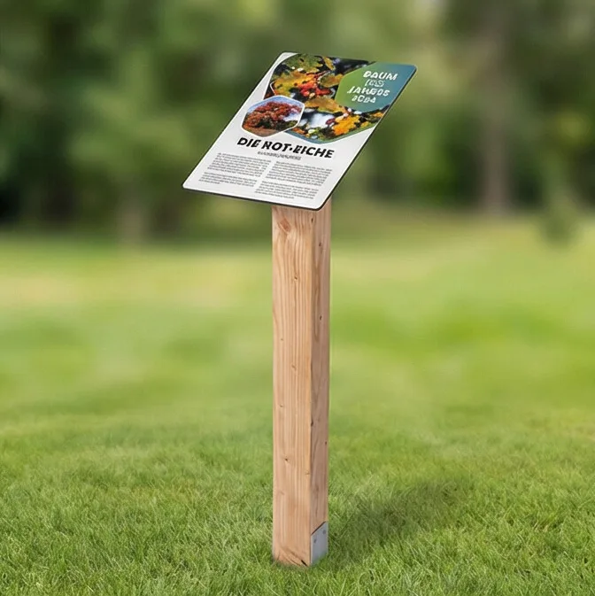 Einbeiniger Holz-Pultaufsteller in einer Parkanlage