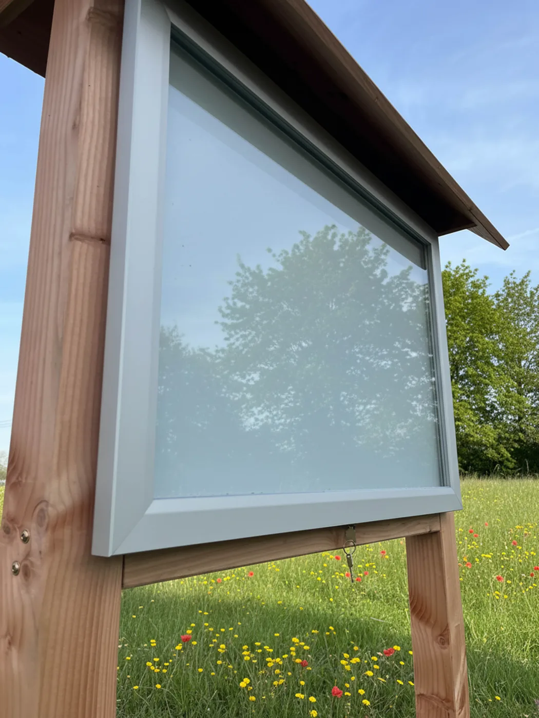 Detailansicht der Glasfront mit Schloss am Glaskasten